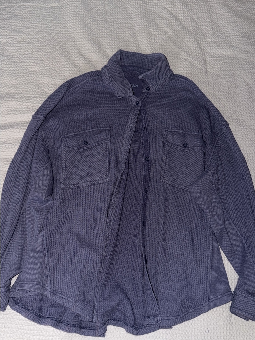 aerie Navy Waffle-Knit Button Down Shirt